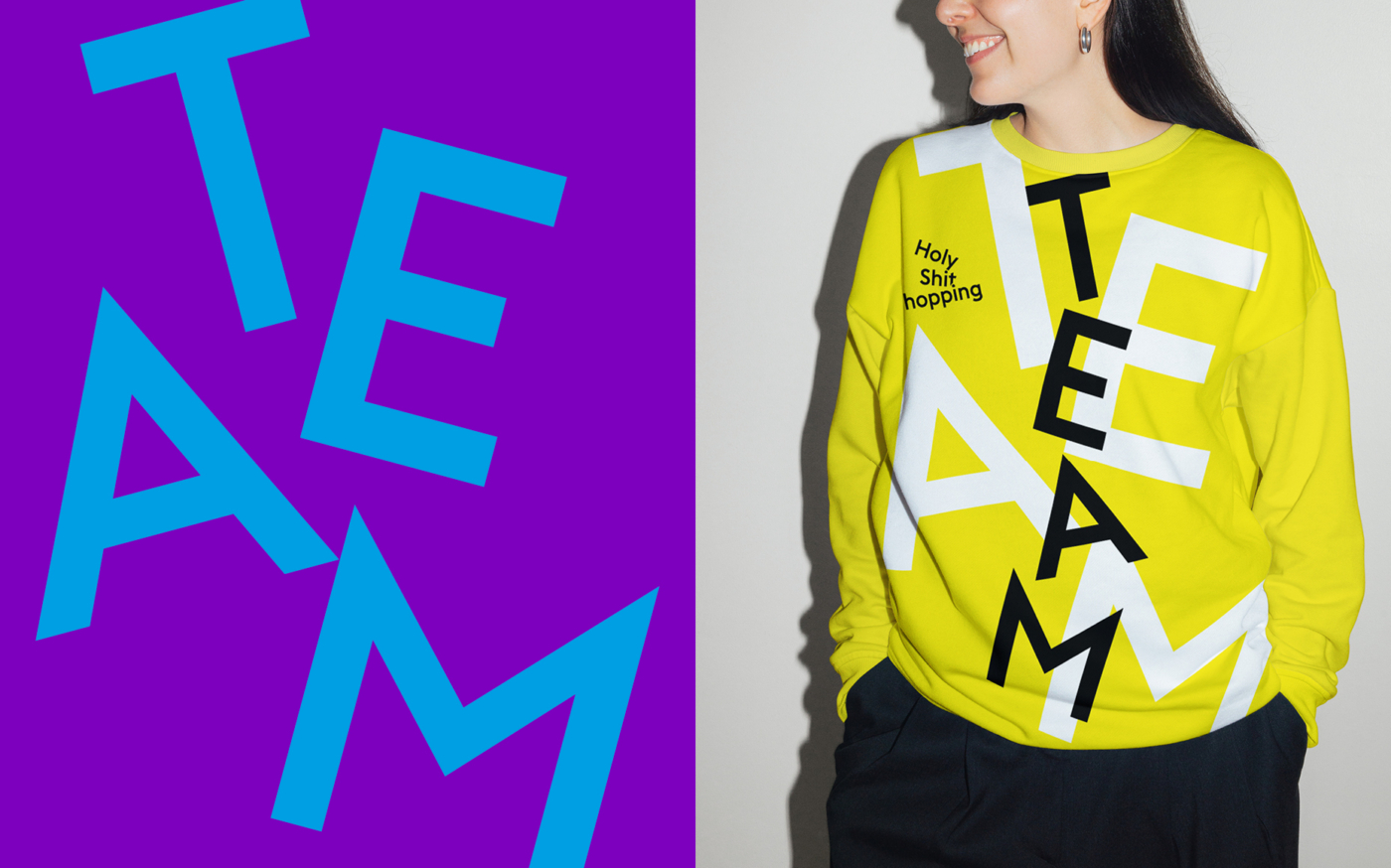 Person trägt einen gelben Sweater mit dem 'TEAM'-Design und dem Logo von 'Holy Shit Shopping' als Teil der Markenkampagne. Im Hintergrund ist das Wort 'TEAM' in großen, farbenfrohen Lettern (lila und türkis) abgebildet