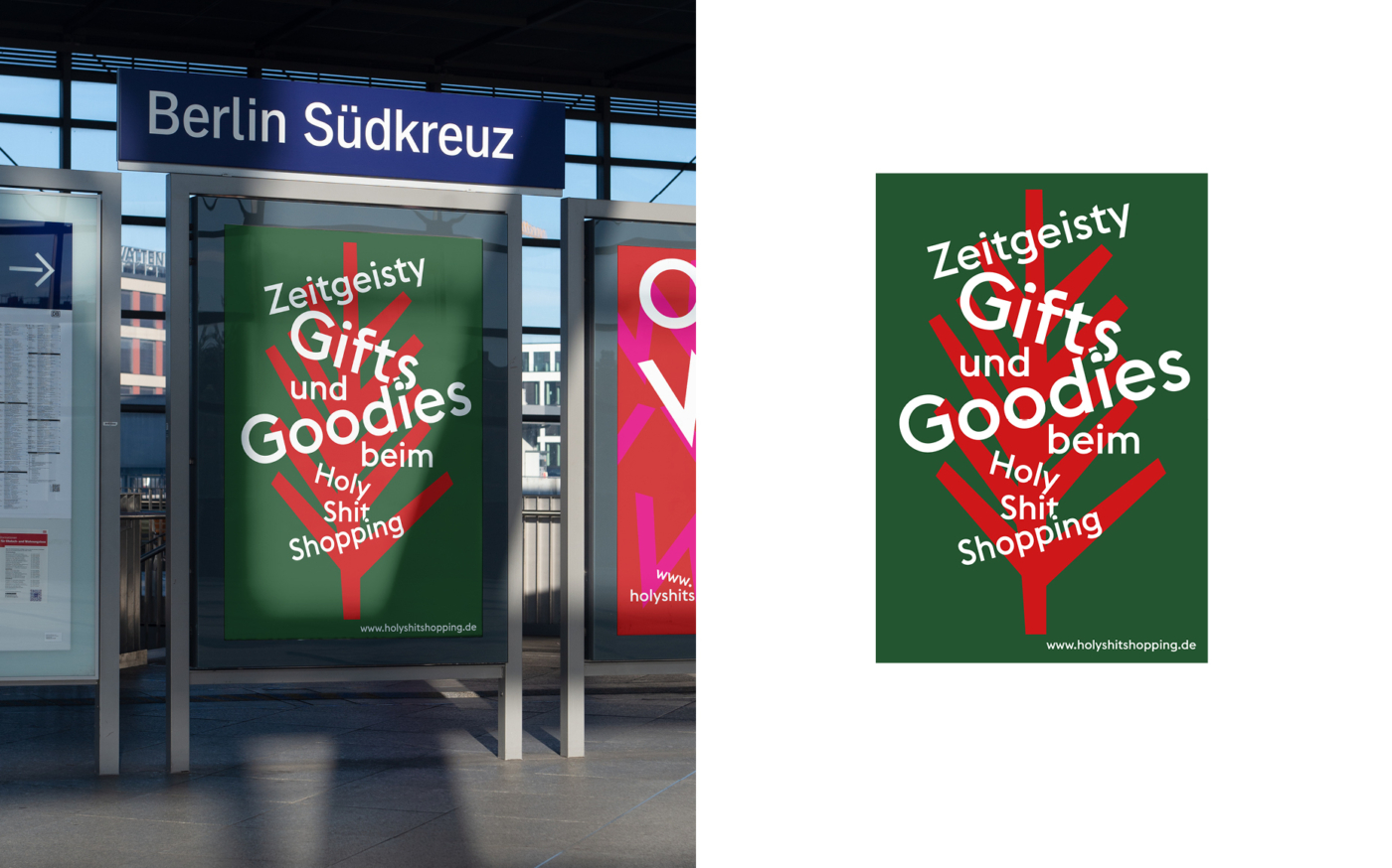 Posterentwurf für Holy Shit Shopping: Werbekampagne mit dem Slogan 'Zeitgeisty Gifts und Goodies beim Holy Shit Shopping' und dund der URL: www.holyshitshopping.de, präsentiert in einer U-Bahn-Station.